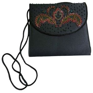 Vintage Black Satin Floral Beaded Handmade Clutch or CrossBody Bag EUC